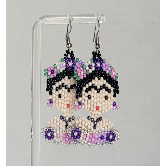 Frida Kahlo Face Handmade Earring Beads Huichol Mexican Icon - Picture 1 of 3